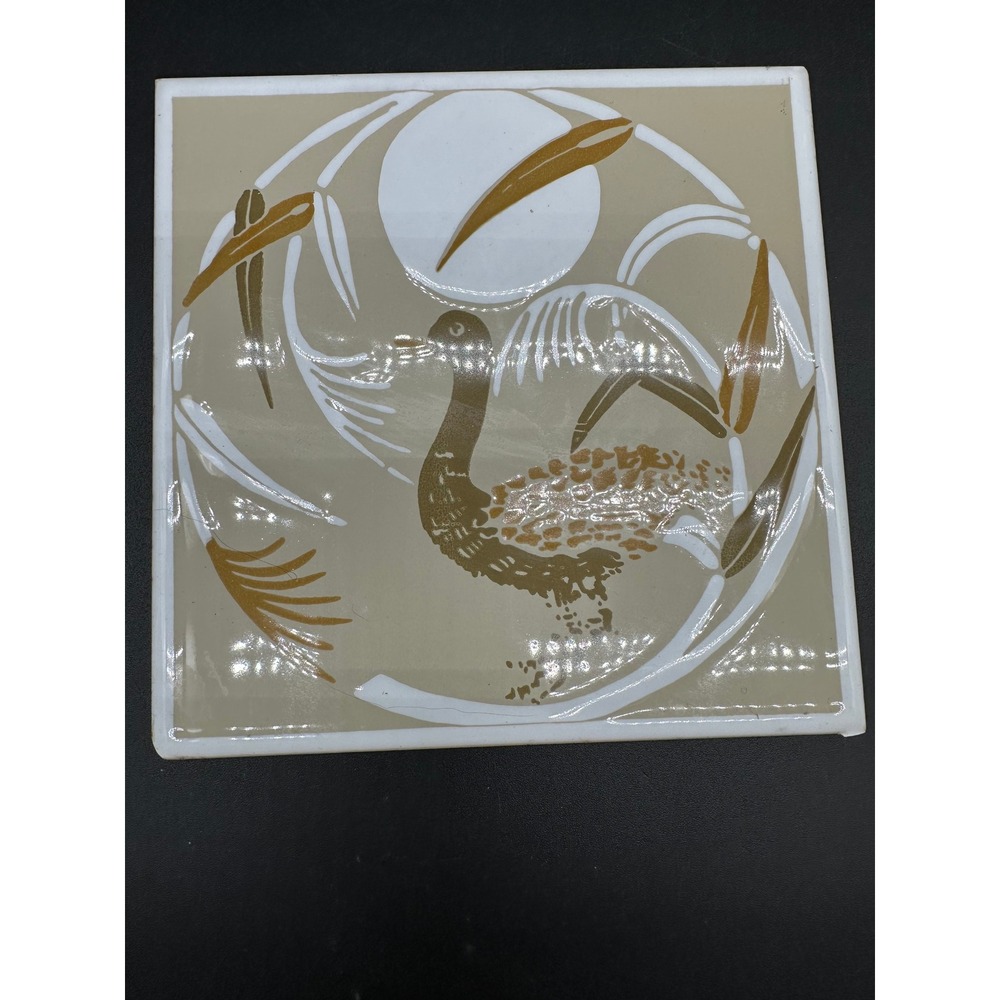 Vintage Ceramic Art Tile Asian Duck Design Gloss Glaze Mid Century Wall Decor